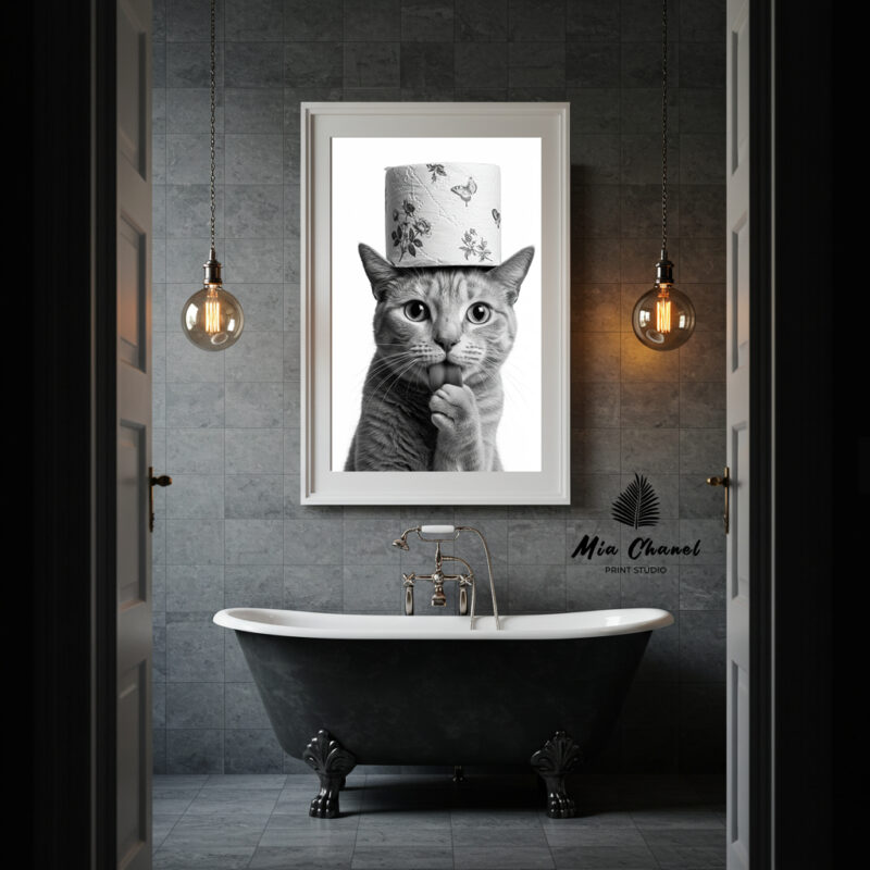 Tabby Cat with Toilet Paper on head